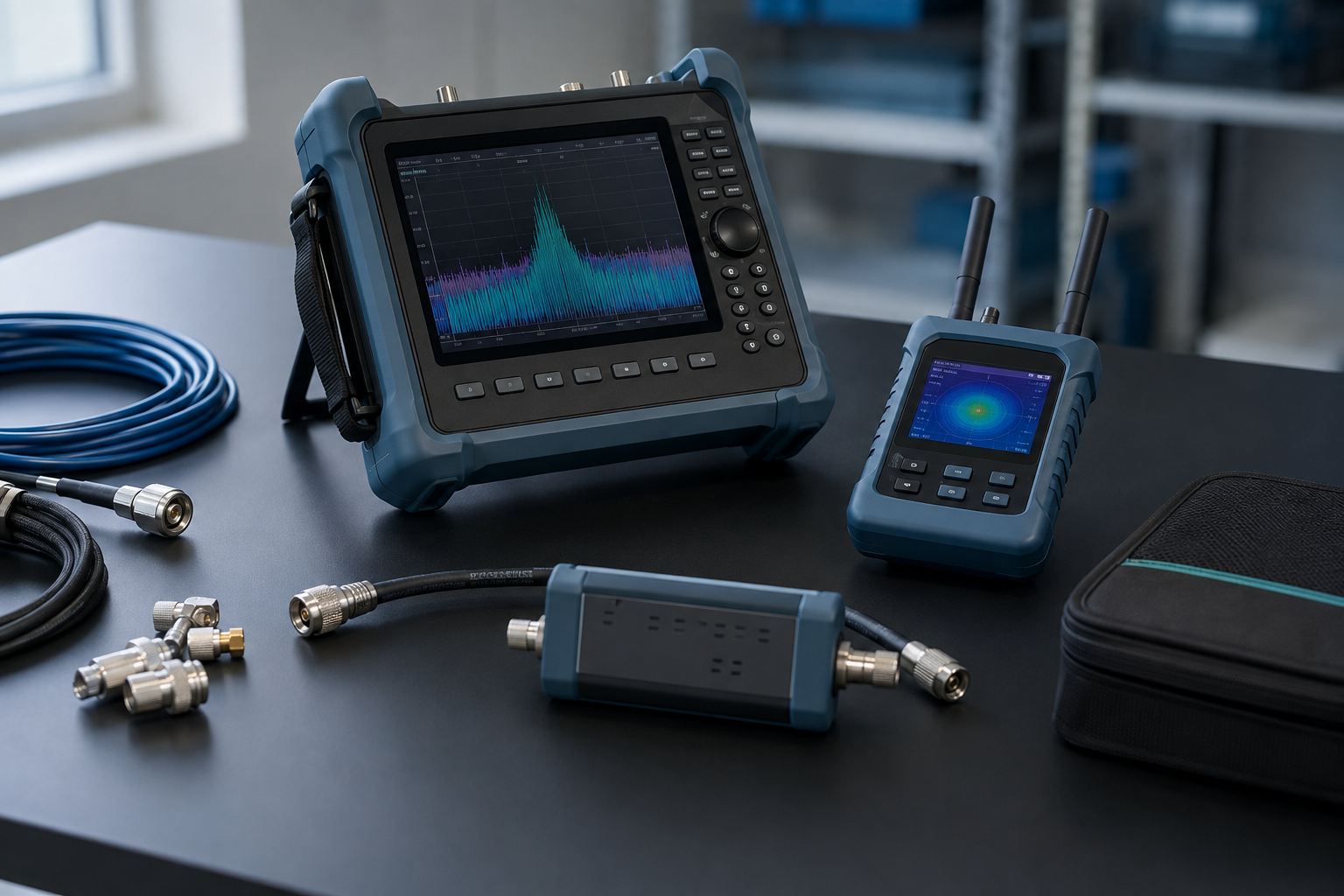 Instrumentos de medición de telecomunicaciones y señales sobre un banco de trabajo